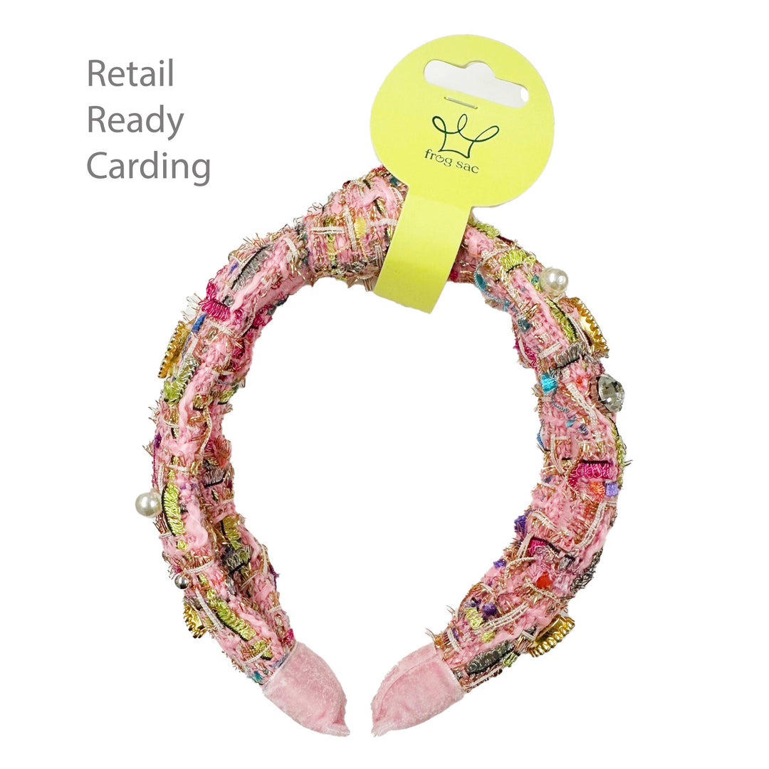 Kids Knot Headband - Embellished Rhinestone Pearl Tweed: Blue