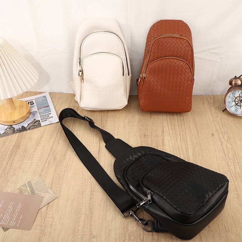 BRAIDED WEAVE VEGAN SLING CROSSBODY STADIUM BAG | 40P542: Black