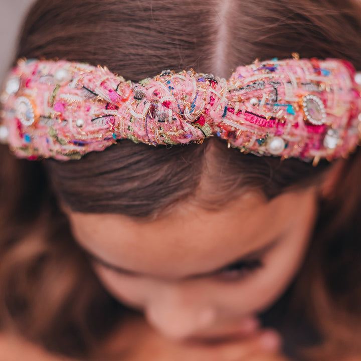 Kids Knot Headband - Embellished Rhinestone Pearl Tweed: Blue