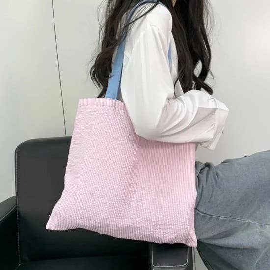 Large Organic colorful stripe Shoulder Tote Bag | 40P585: Pink