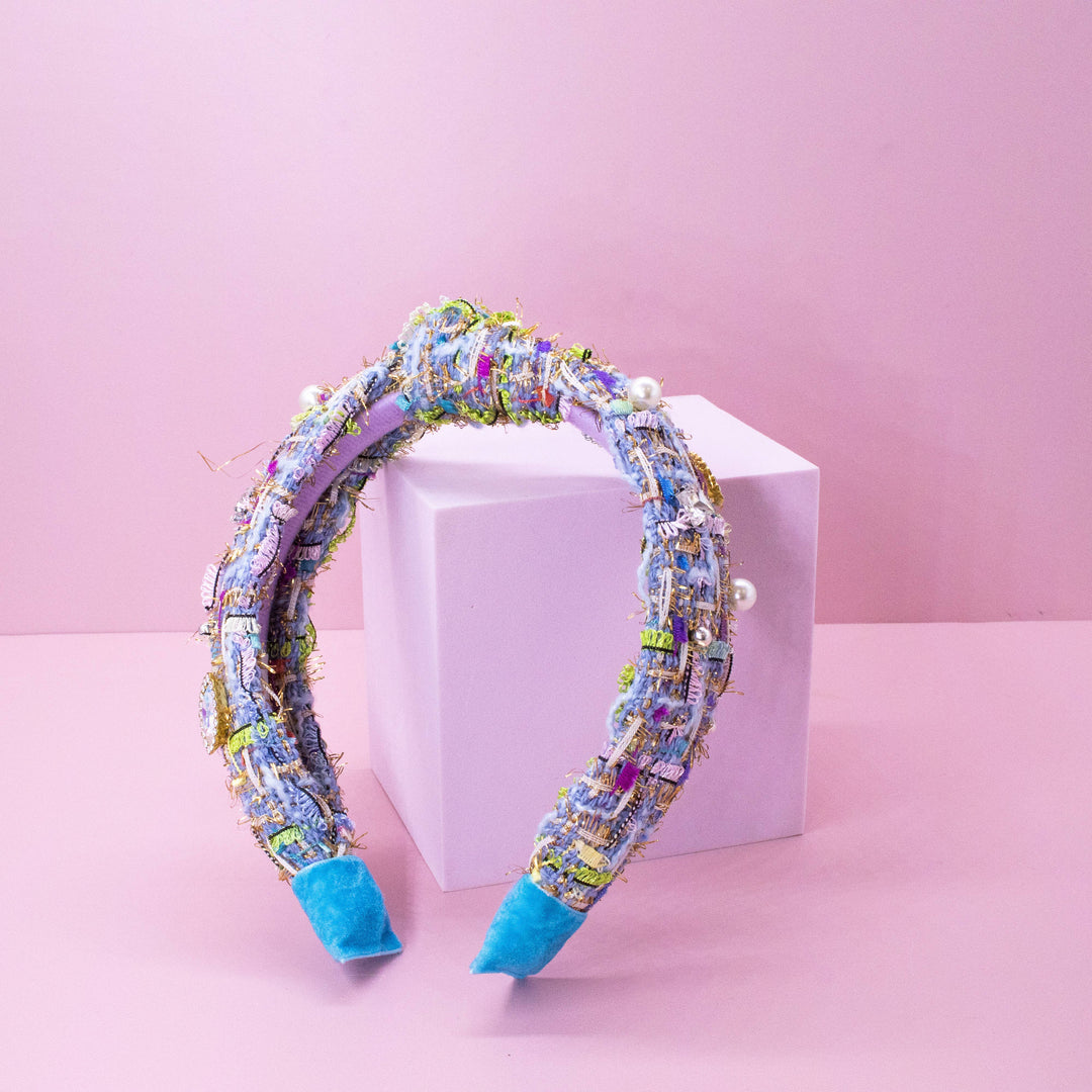 Kids Knot Headband - Embellished Rhinestone Pearl Tweed: Blue