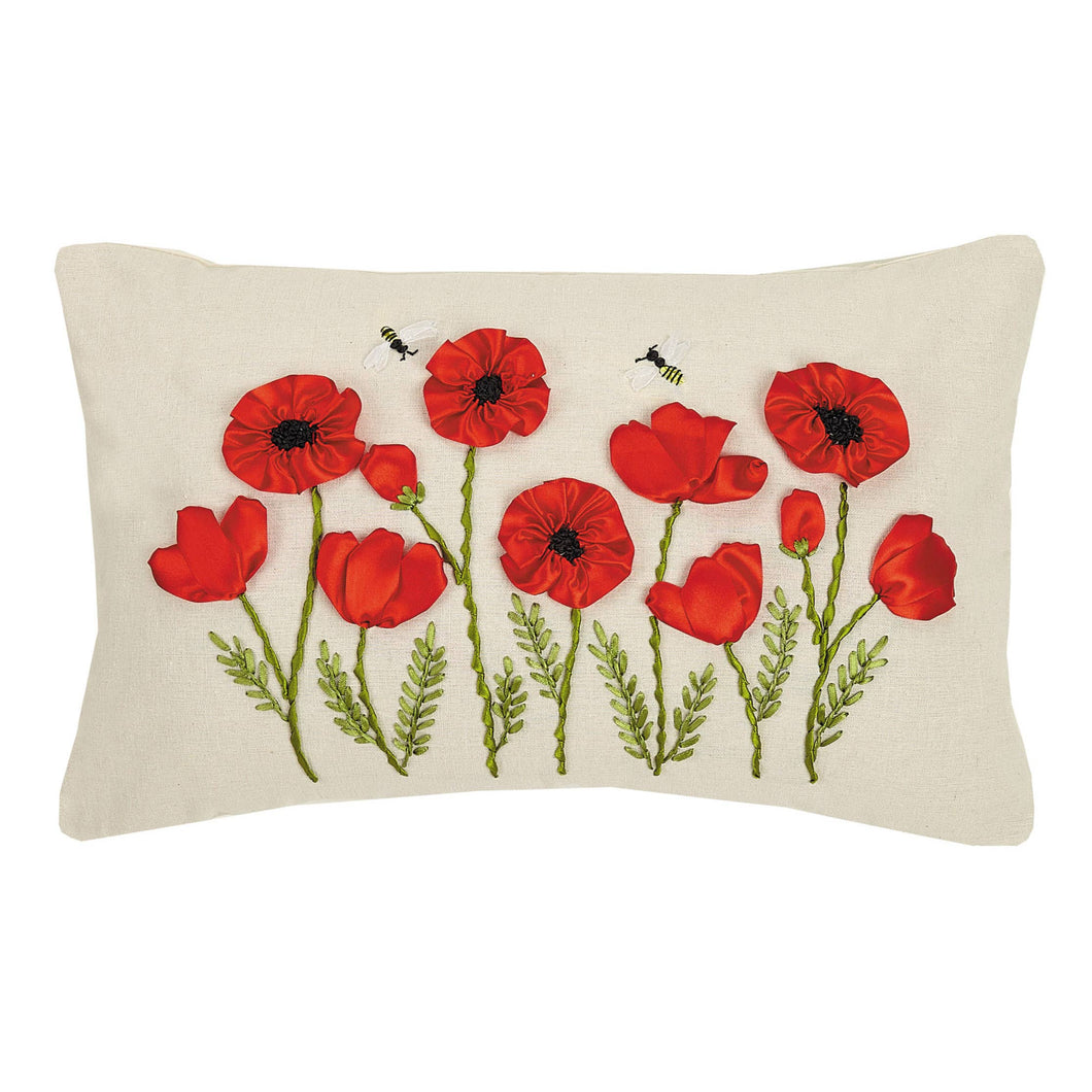 Poppy And Bee Ribbon Embroidered Pillow