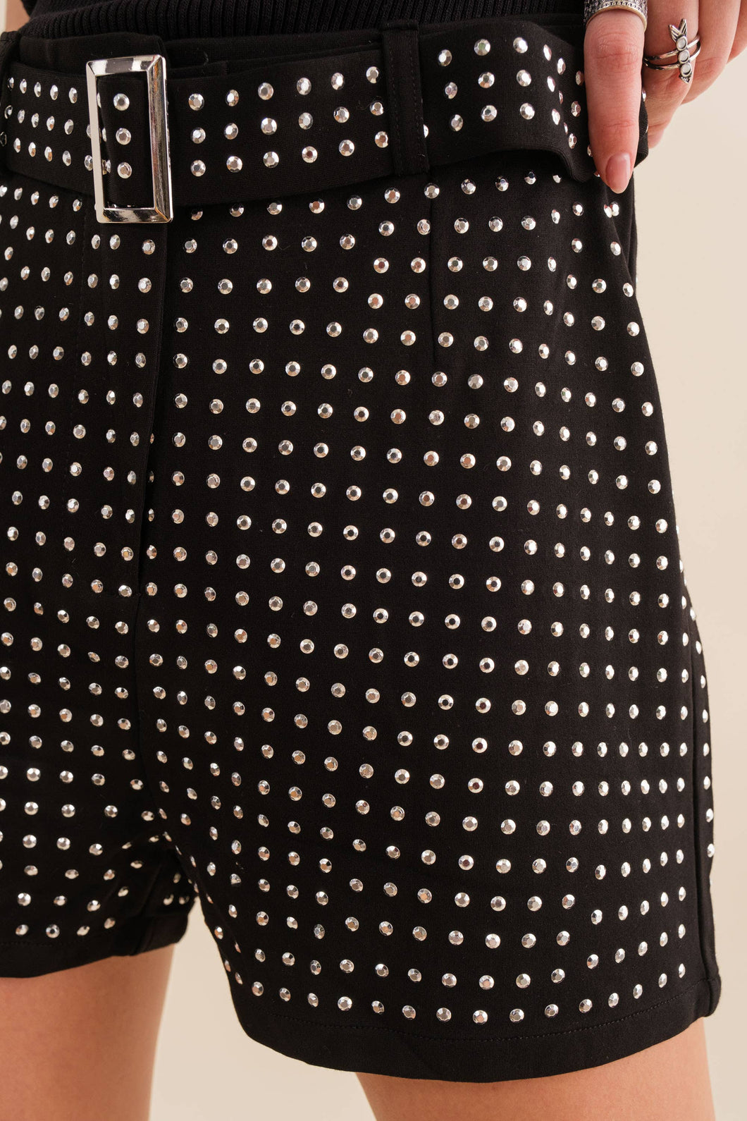 Stretch Studded Belted Glam Shorts