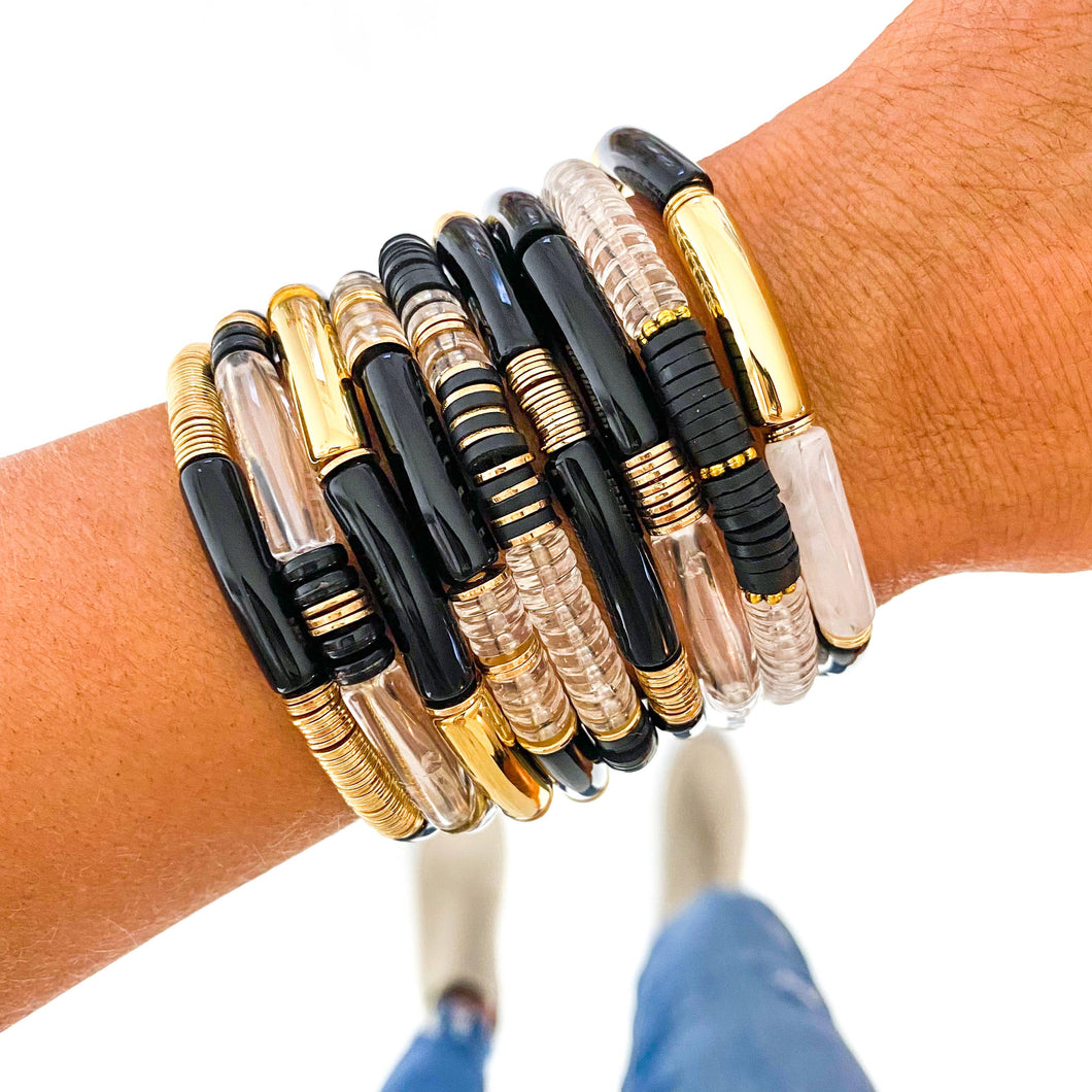 Small Black Acrylic Tube Bamboo Bracelet Set