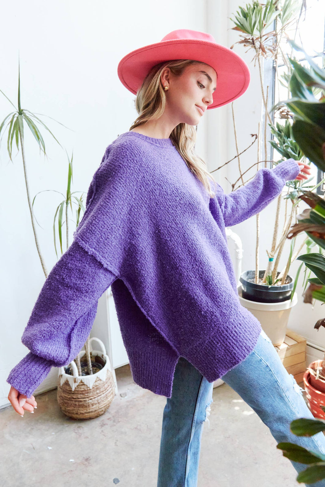 Long Sleeve Knit Sweater - PURPLE