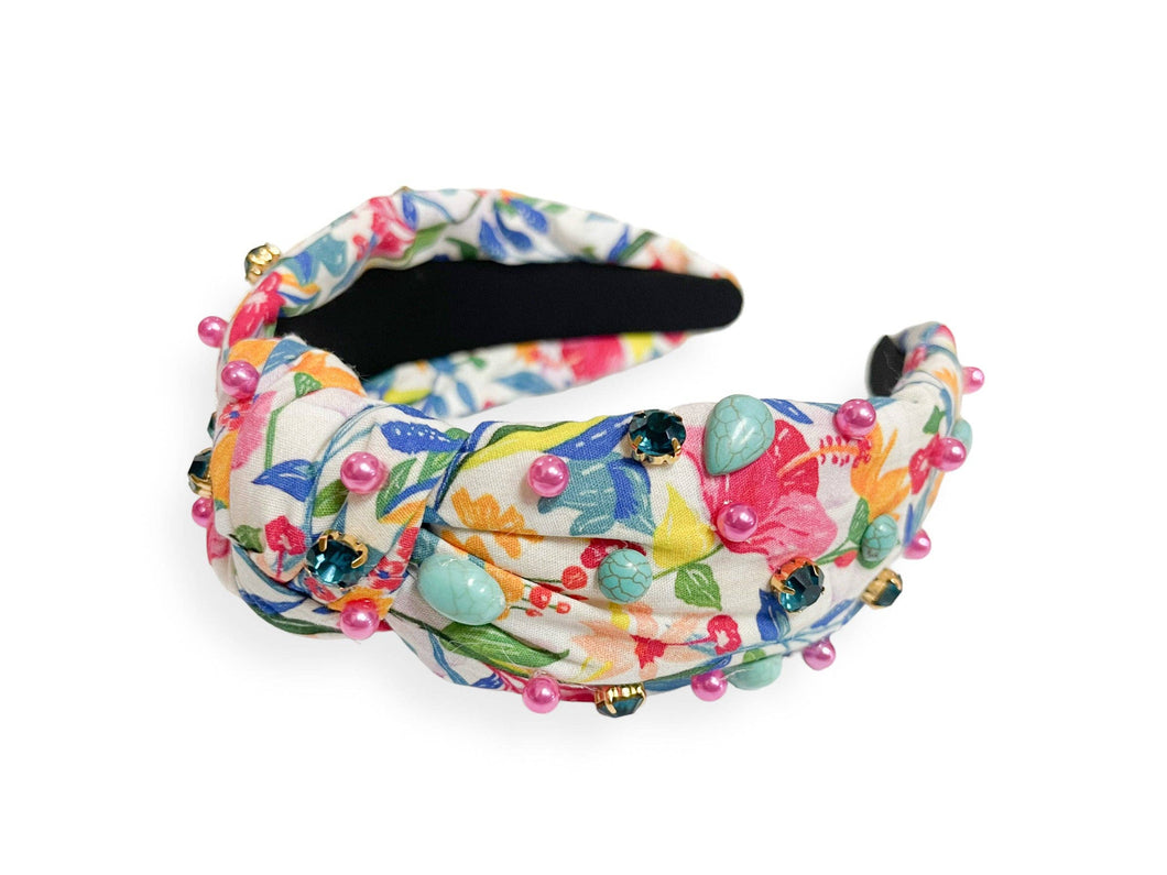 Floral Multi Color w/ Turquoise & Pink Pearls headband