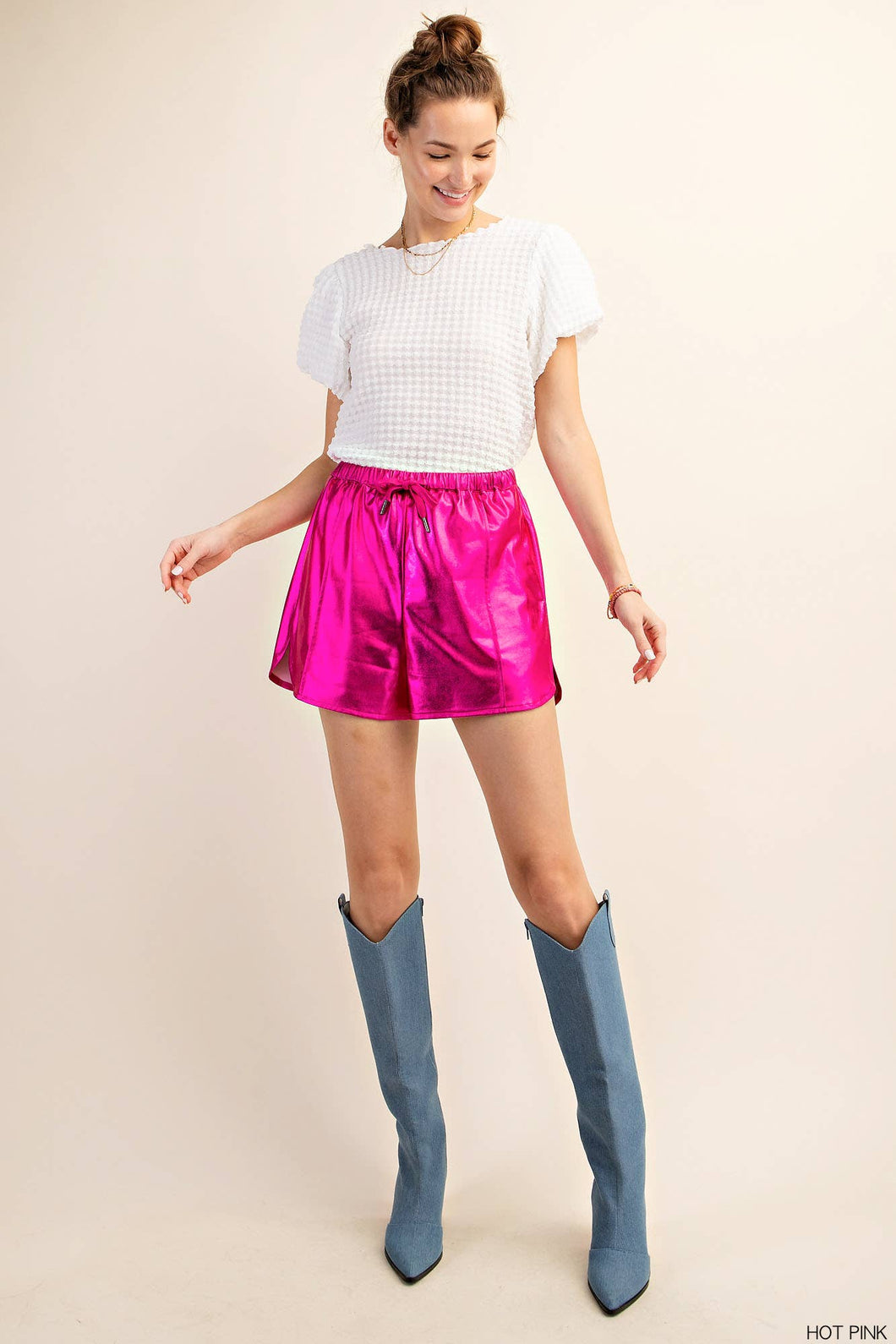 METALLIC FABRIC DRAWSTRING  SHORTS: HOT PINK
