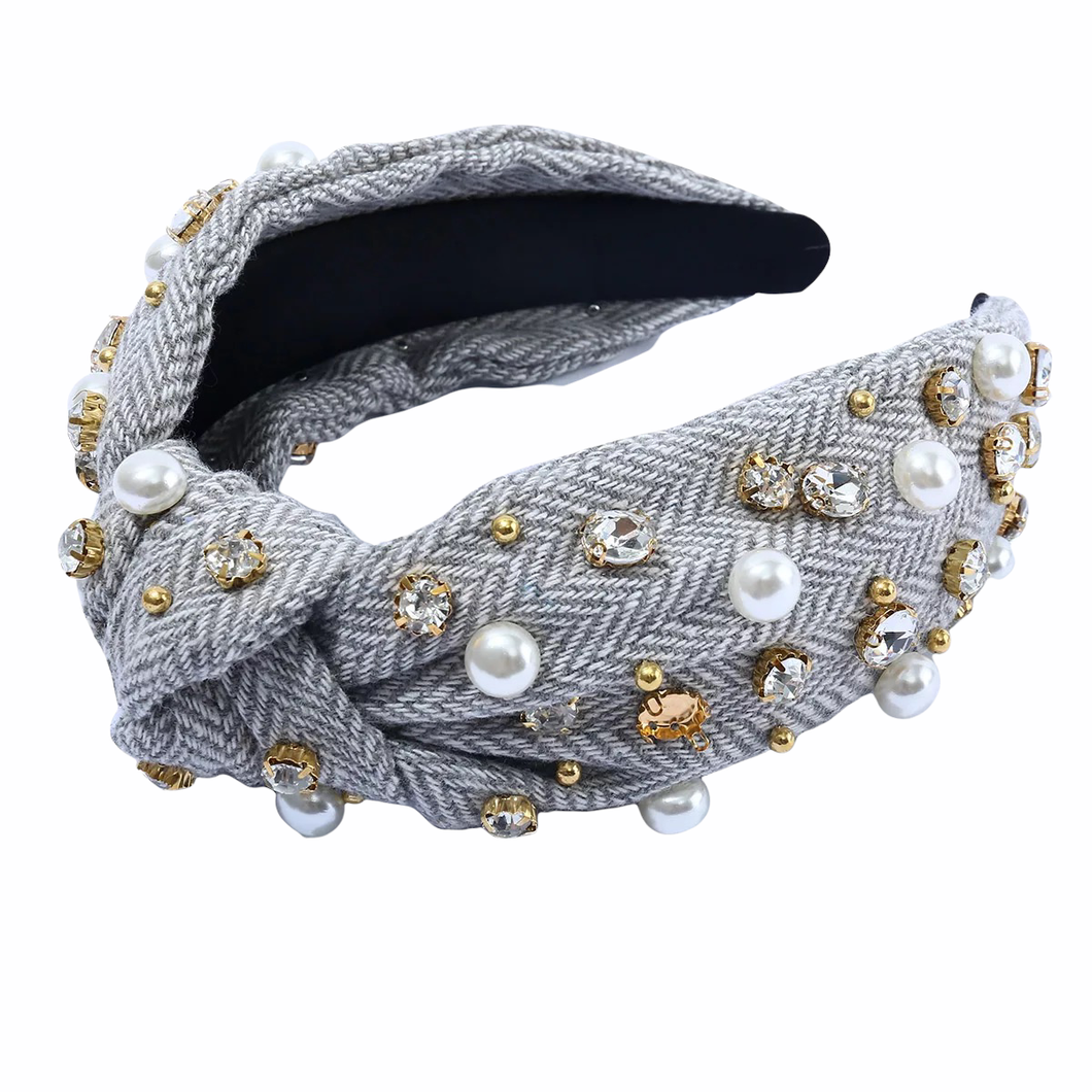 Tweed Grey W/ Pearls & Crystal Velet Headband